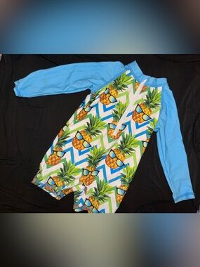 Kids Pineapple Print Rash Guard Swimsuit - Blue Long Sleeve